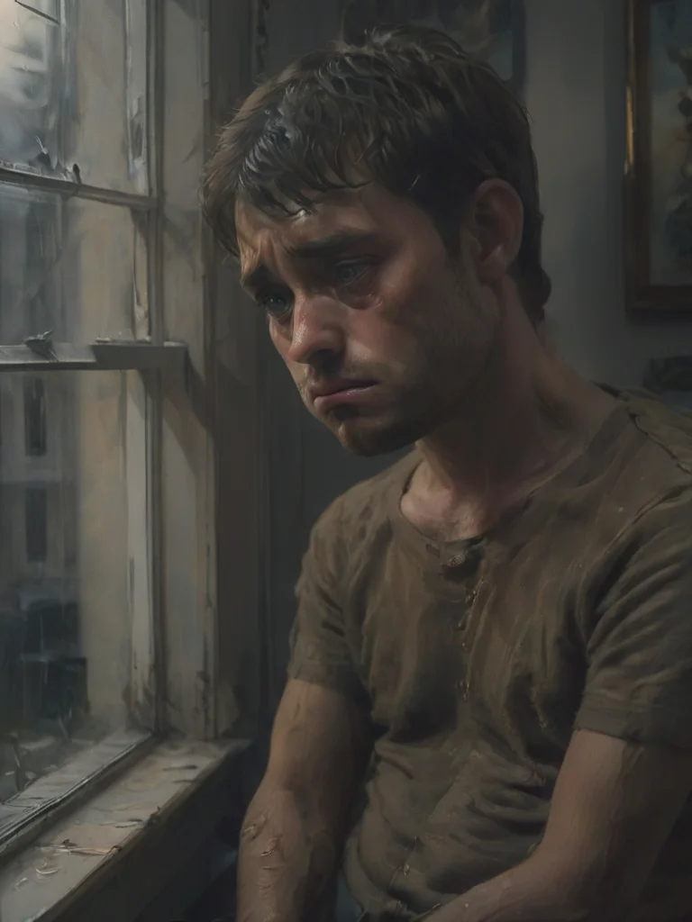 oil painting, close up shot depressed stnerfx sad staring human ,looking out the window, in a living room, deep shadows, <lora:- SDXL - stnerfx _Stoned_Fox_Style_V4.0:.9>