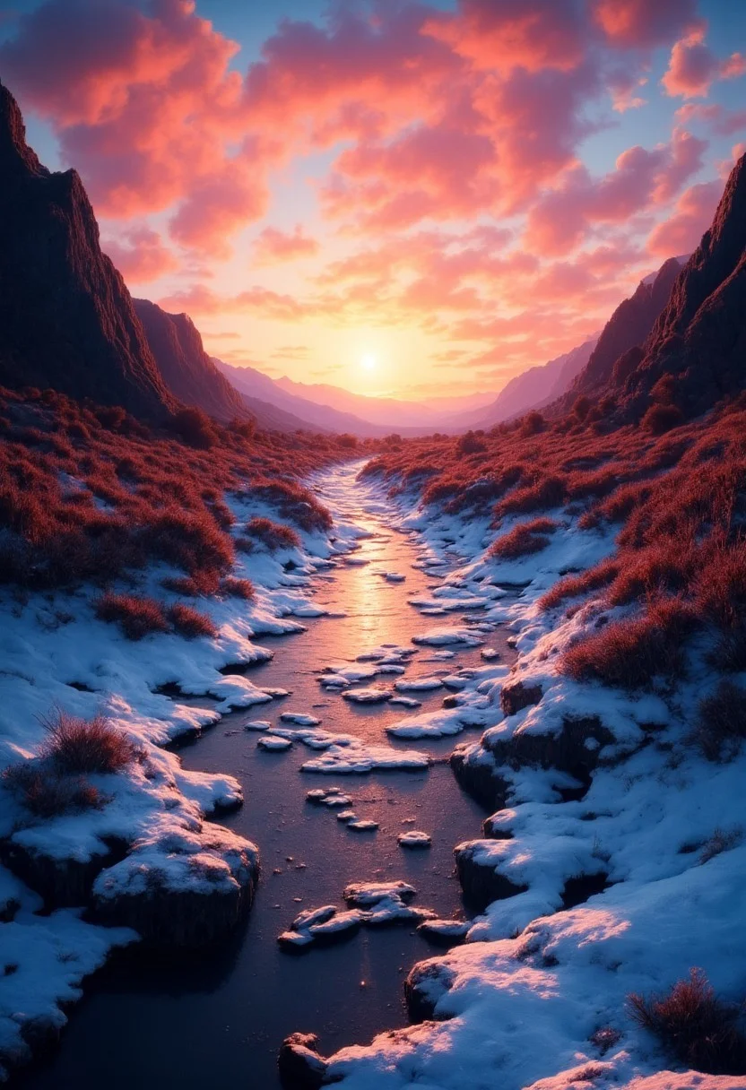 An icy stream winds through a rocky riverbed towards tall mountains. Little ponds of frozen water surround the stream. The ice looks crisp and cold. The setting sun goes below the horizon, painting the sky in vivid hues of red, orange, and gold. Dead grass sparkles with frost as sunbeams dance across the landscape. Puffy clouds catch the evening light, transforming into floating islands of color. In the distance, the mountains' peaks submerge in shadow.