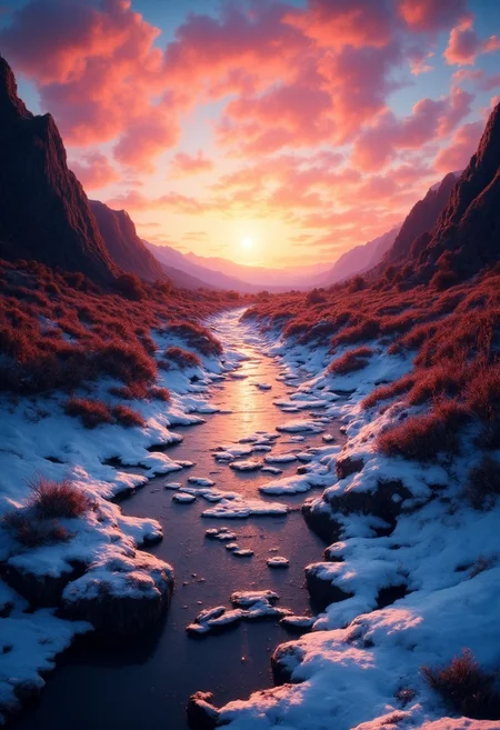 An icy stream winds through a rocky riverbed towards tall mountains. Little ponds of frozen water surround the stream. The ice looks crisp and cold. The setting sun goes below the horizon, painting the sky in vivid hues of red, orange, and gold. Dead grass sparkles with frost as sunbeams dance across the landscape. Puffy clouds catch the evening light, transforming into floating islands of color. In the distance, the mountains' peaks submerge in shadow.