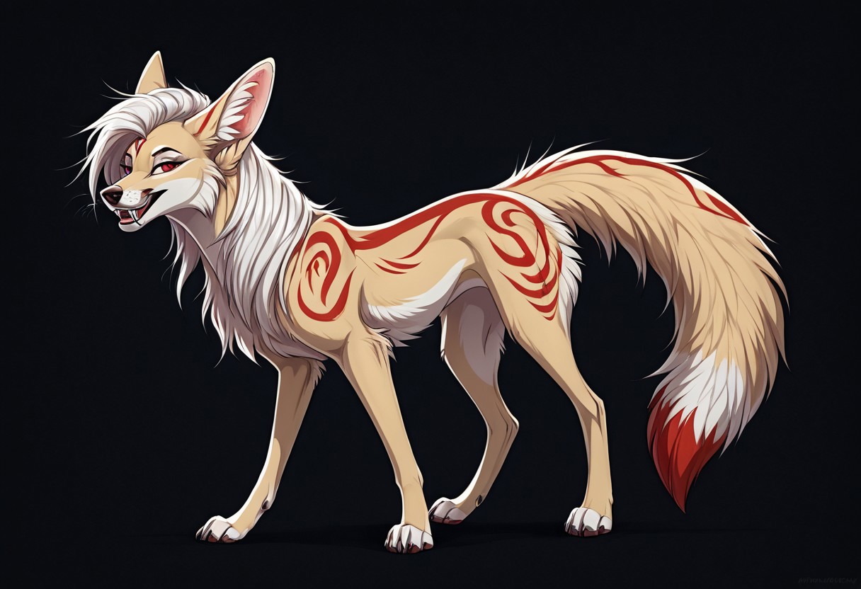 reallynxgirl_style, by Zackary911, by Kenket, by Kilinah, by fluff-kevlar, feral, mommy female white fennec fox, solo, long white hair, red eyes, fangs, full body, one big tail, dark background. dark priest with balck and red cloack, full body concept, realism