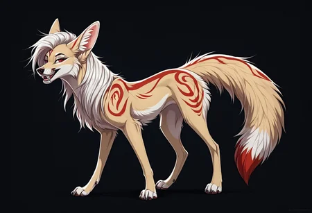 reallynxgirl_style, by Zackary911, by Kenket, by Kilinah, by fluff-kevlar, feral, mommy female white fennec fox, solo, long white hair, red eyes, fangs, full body, one big tail, dark background. dark priest with balck and red cloack, full body concept, realism