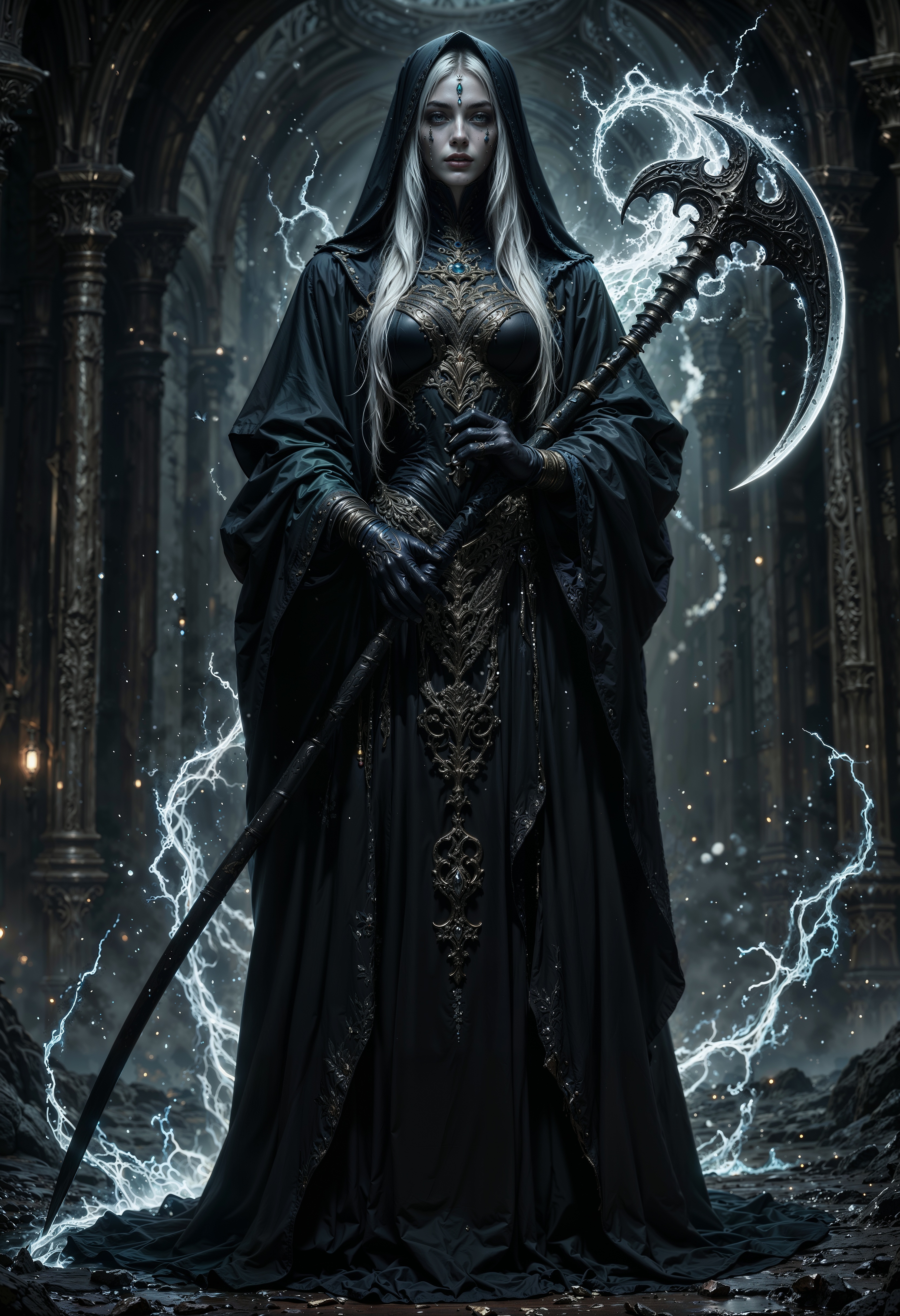 A Renaissance-style, full-body character design of A woman with ethereal beauty, beautiful but terrifying, with totally white eyes, ashy white hair, pale skin, wearing a black robe surrounded by a black aura and carrying the sickle of death, her presence gives a shiver. (maximum ultra high definition image quality and rendering:3), maximum image detail, maximum realistic render, (((ultra realist style))), realist side lighting, , 8K high definition, realist soft lighting, (amazing special effect:3.5)
