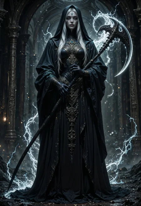 A Renaissance-style, full-body character design of A woman with ethereal beauty, beautiful but terrifying, with totally white eyes, ashy white hair, pale skin, wearing a black robe surrounded by a black aura and carrying the sickle of death, her presence gives a shiver. (maximum ultra high definition image quality and rendering:3), maximum image detail, maximum realistic render, (((ultra realist style))), realist side lighting, , 8K high definition, realist soft lighting, (amazing special effect:3.5)