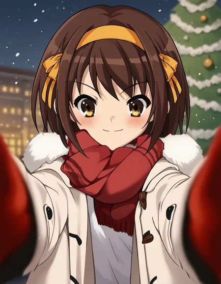 score_9, score_8_up, score_7_up, source_anime, <lora:haruhi-suzumiya-s1-ponyxl-lora-nochekaiser:1>, haruhi suzumiya, short hair, brown hair, brown eyes, hairband, medium hair, ribbon, hair ribbon,, <lora:pov-cheek-warming-ponyxl-lora-nochekaiser:1>, pov cheek warming, pov cheek warming (meme), winter gloves, duffel coat, fur-trimmed scarf, winter clothes, red mittens, meme, winter coat, red scarf, fur-trimmed coat, reaching towards viewer, reaching, mittens, fur-trimmed hood, white coat, open coat, scarf, coat, red gloves, snowing, pov, fur trim, depth of field, smile, blush,, christmas, christmas tree, christmas lights,,