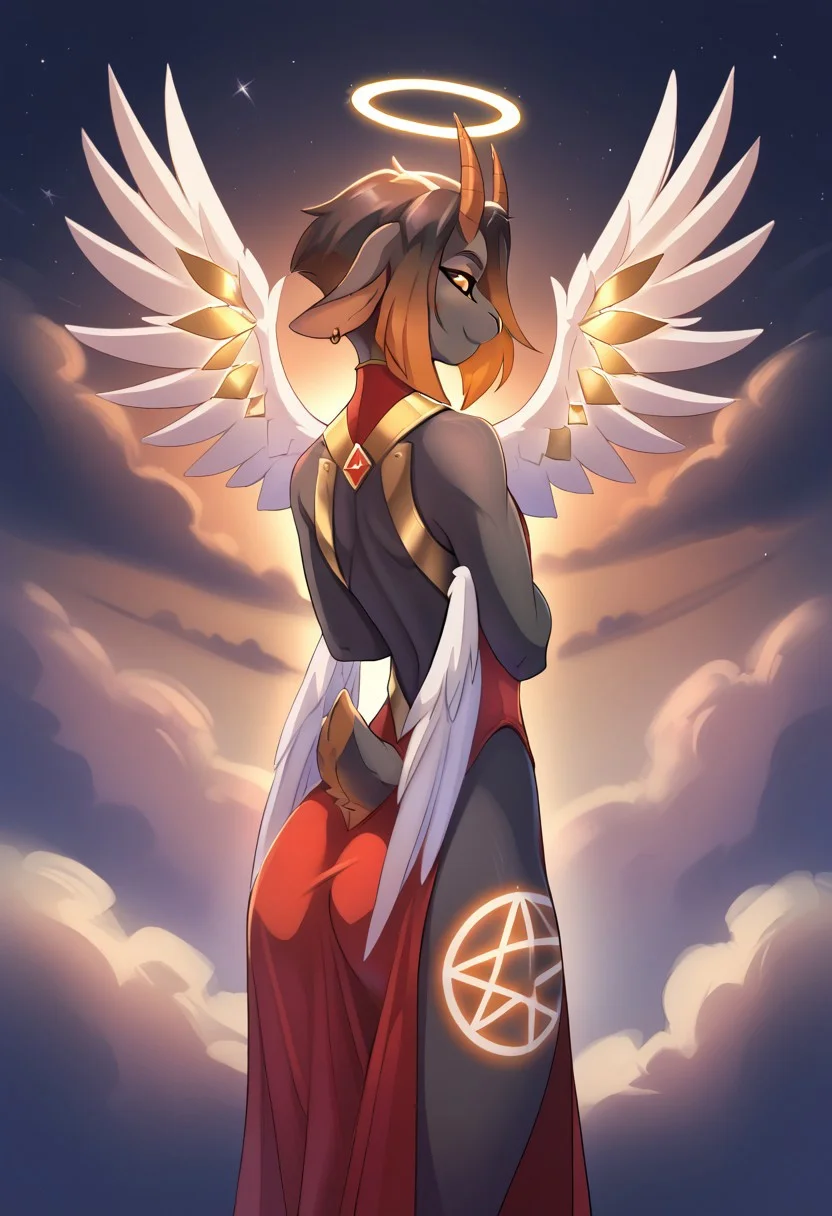 <lora:Scappo_Style_v2_PonyXL:0.8> by scappo, scappo, score_9, score_8_up, score_7_up, greshockpxl,1boy,solo,femboy, anthro goat,furry, short hair, multicolor hair, dark hair, orange hair, dark sclera, gold eyes, black skin, tattoo, big ass, small horns, BREAK, cute, Facing the viewer, thigh gap, perfect, high quality, high definition, angelic, angel wings, heavenly, godlike, clouds, flowing robes, light spots