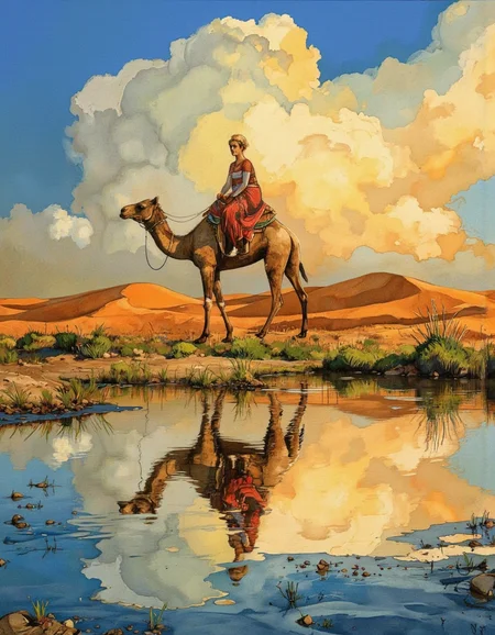 By Joshua Burbank.
This is a digital artwork created in a mixed media style, blending elements of watercolor and ink.
A woman riding camel, golden hours, light and shadow play, intricate light, beautiful reflection, desert, dune, cloudy sky, god rays, scenery, day, ripples, solo, water, reflective water, wide shotadorned face.