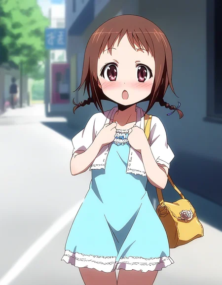 score_9, score_8_up, score_7_up, source_anime, rating_explicit, BREAK <lora:Wakana_Misato_XL:1> Wakana_Misato, brown hair, short hair, twin braids, purple eyes, brown eyes,
solo, dress, blush, bag, handbag, open mouth, :o, looking at viewer, casual, blue dress, flower,
day, outdoor,