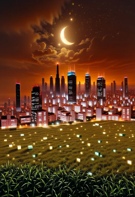 a huge hilly field covered with grass with partially clayey inclusions, green and brown boxes are visible very far away, also behind the hills narrow black skyscrapers with white windows with a yellowish tint are visible, green and brown boxes are visible far away, a dimly lit and dull black building with an orangish glow from sunset, you can see a small white bright advertisement with incomprehensible outlines, black skyscrapers with light yellow windows topped with metal structures standing right in the middle of the field reflect the light of the moon, in the distance you can see small two-story buildings with very small windows and a chimney, a little closer near the skyscrapers you can also see small two-story buildings buildings with very small windows and a chimney, not all skyscrapers are topped with metal structures, the sky on the horizon is from dark red to yellowish which sees off the departing sun, the moon is on the opposite side, the sky is soft blue topped by the moon on the opposite side of the sun, and a few stars, clouds light white very transparent barely visible,