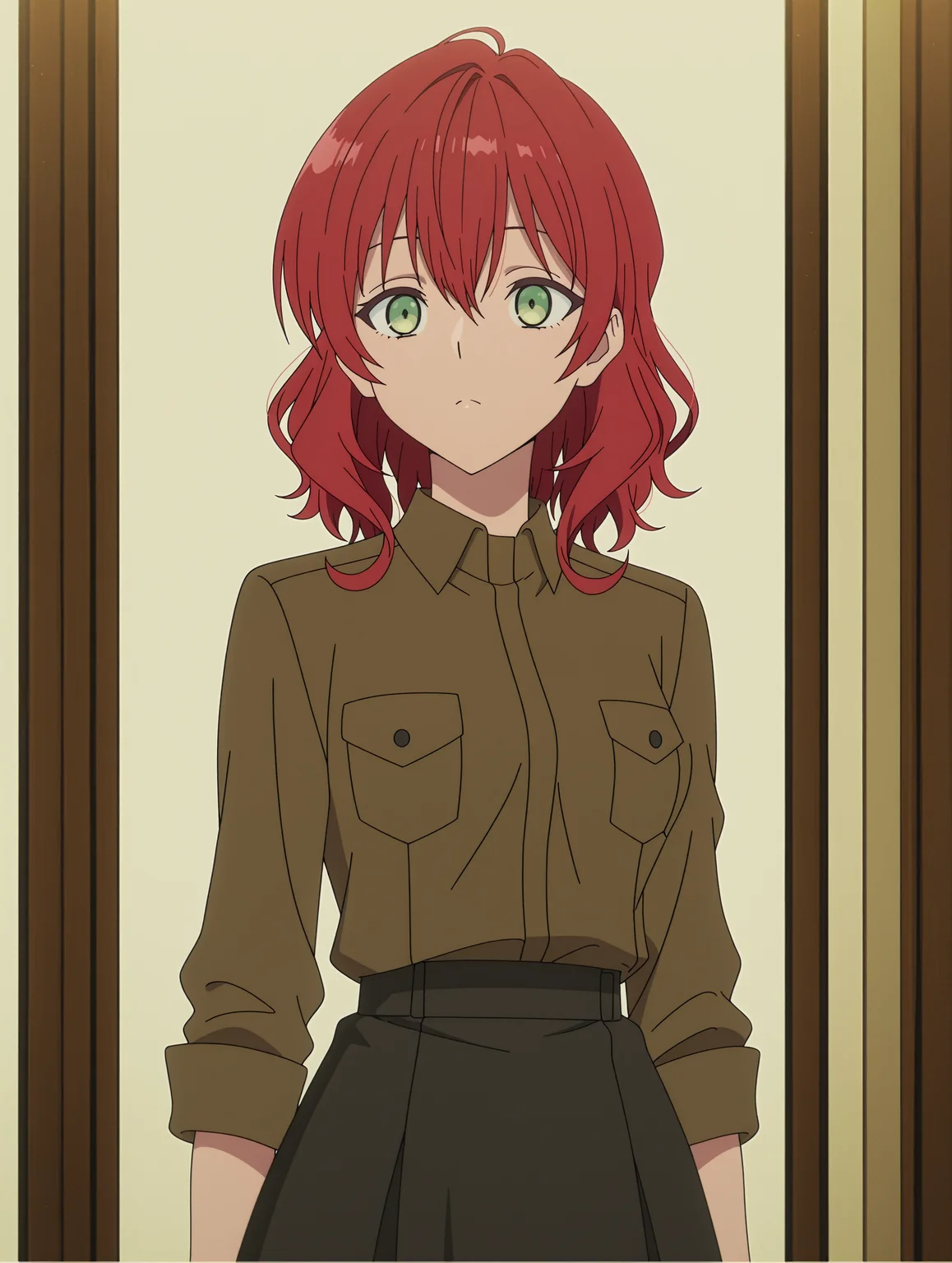 anime screencap,anime coloring,
<lora:DahliaRosetti_Illustrious:0.9> dahlia, red hair, green eyes, teenager, green dress,
brown shirt, collared shirt, black skirt,
masterpiece,best quality,amazing quality,