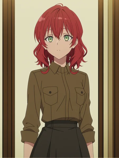 anime screencap,anime coloring,
<lora:DahliaRosetti_Illustrious:0.9> dahlia, red hair, green eyes,  teenager, green dress, 
brown shirt, collared shirt, black skirt,
masterpiece,best quality,amazing quality,