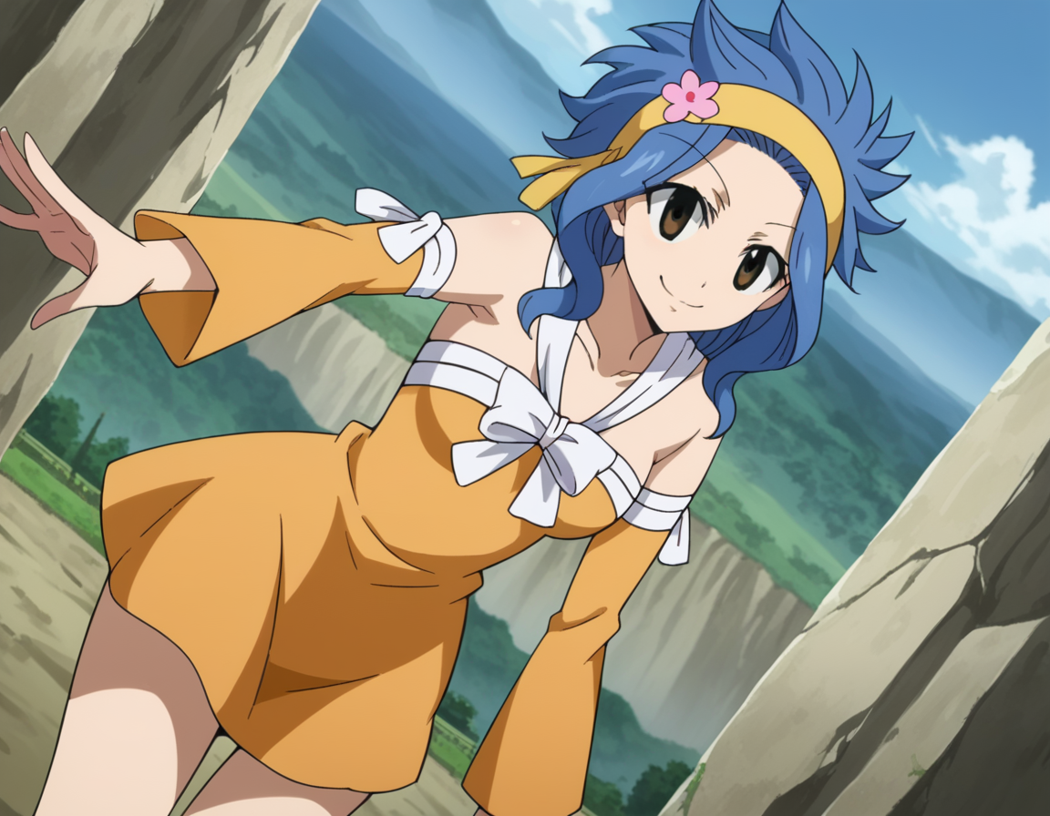 score_9, score_8_up, score_7_up, source_anime,
levymcgarden, <lora:levy-mcgarden-s7-ponyxl-lora-nochekaiser:1>,
levy mcgarden, brown eyes, blue hair, short hair, sidelocks,
hair ornament, dress, bare shoulders, collarbone, flower, detached sleeves, hair flower, strapless, headband, short dress, strapless dress, orange dress,
indoors, landscape, bent over, smile,
looking at viewer, dutch angle, cowboy shot,