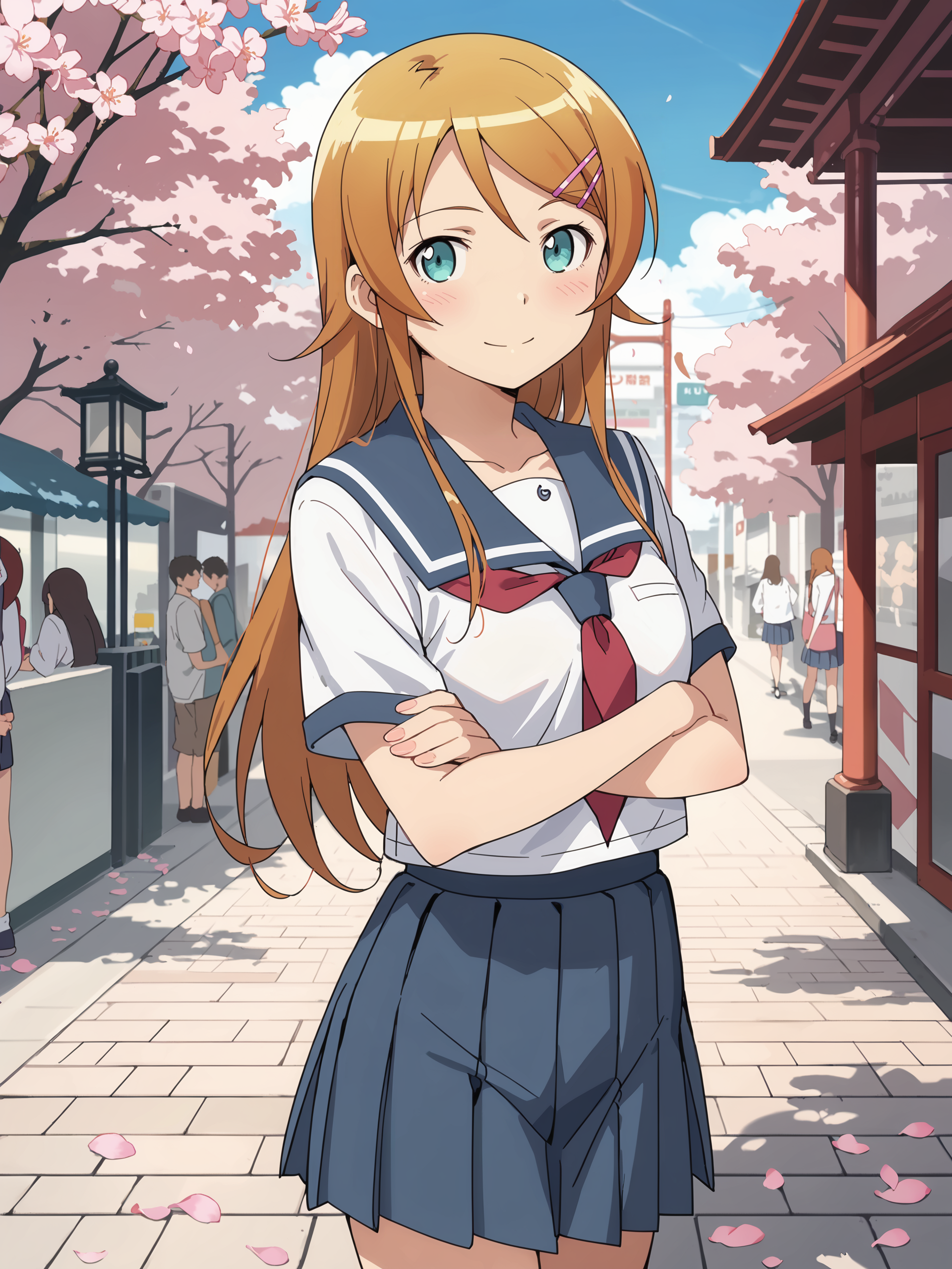score_9, score_8_up, score_7_up, source_anime, ray tracing, best quality, anime screenshot, anime coloring,  <lora:Char-Kousaka_Kirino-V1-Pony:0.9:hr=0.6>, 1girl, kousaka kirino, hair clip, solo, serafuku, blue pleated skirt, red neckerchief, crossed arms, looking at viewer, light smile, standing, cowboy shot, outdoors, street, cherry blossoms, petals, depth of field