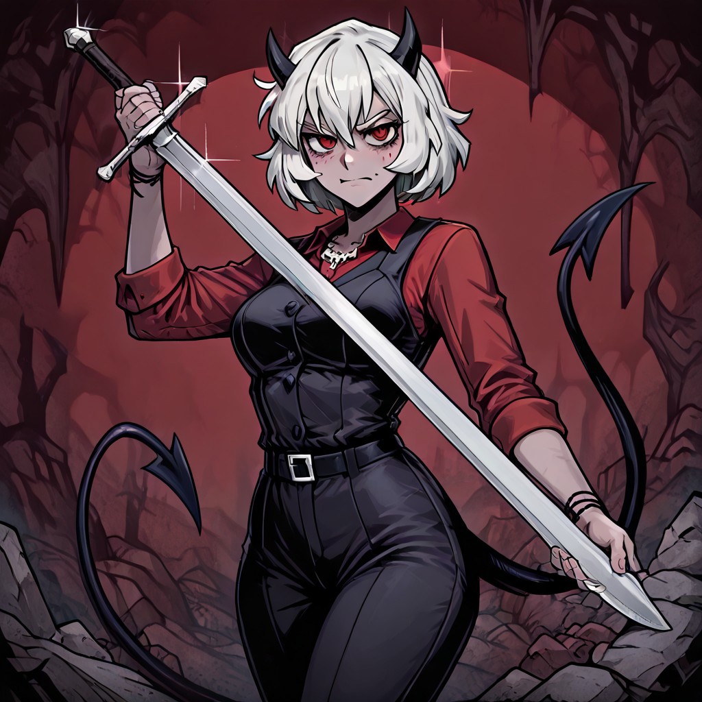 masterpiece, best quality, newest, absurdres, highres, TTCSV1.0, KMV1.0, kriegsmesser, sword, curved sword, holding, holding sword, holding weapon,
1girl, malina \(helltaker\), demon girl, short hair, white hair, horns, demon tail,