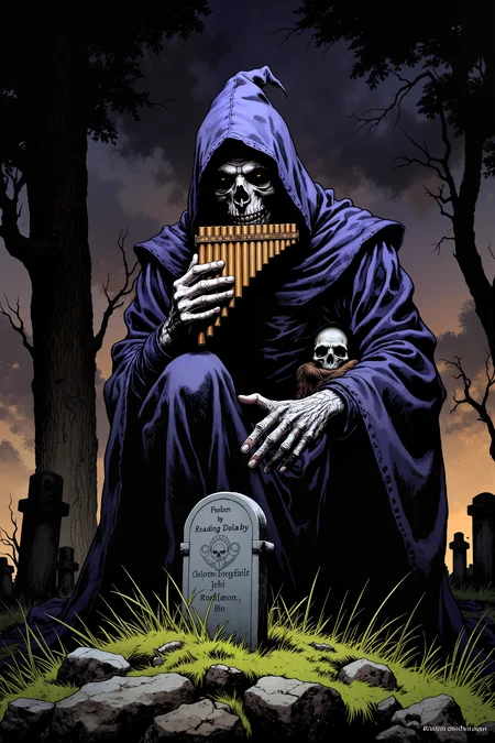 death the grim reaper is playing small black panflute in a graveyard while looking at a tombstone. , detailed background Fantastic lighting. Detailed shadows.intricate details, vivid colors, hyper-detailed, ultra-sharp, <lora:PANFLUTE_FLUX>, <lora:Dorota_Pietrowiak:0.3> Portrait by Dorota Pietrowiak <lora:Comic book V2:0.8> High-contrast illustration