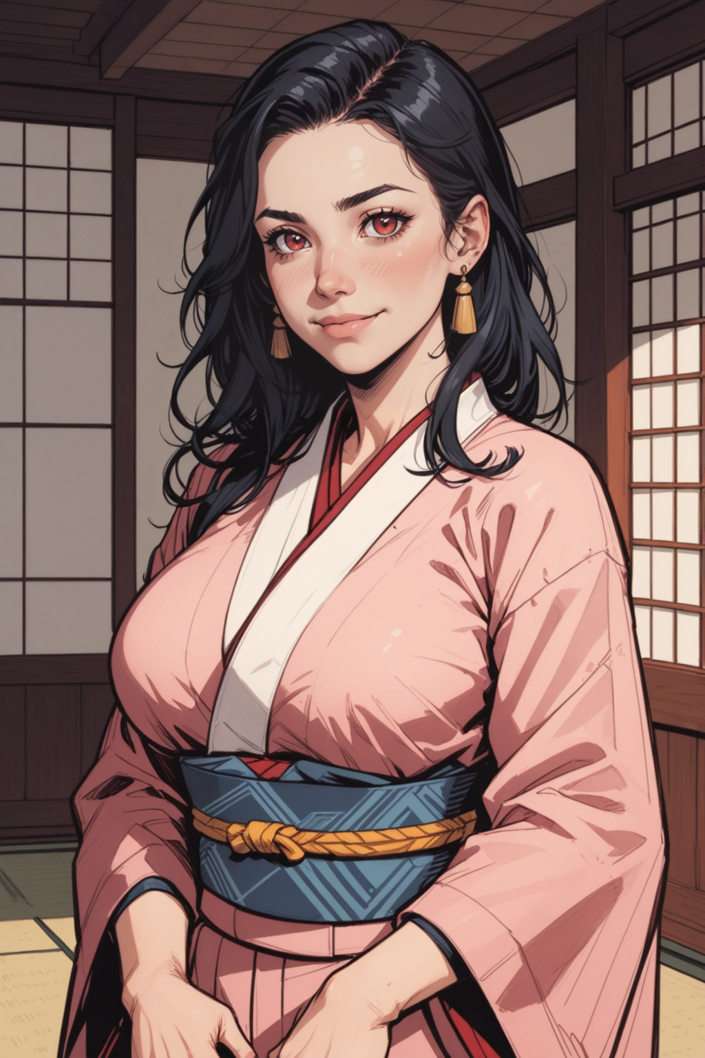 1girl, solo, red eyes, japanese clothes, kimono, black hair, long hair, red kimono, looking at viewer, smile, sash, blush, obi, breasts, closed mouth, wide sleeves, sidelocks, large breasts, long sleeves, indoors, standing, earrings, straight hair, upper body, jewelry, <lora:Expressive_H:0.5>, score_9, score_8_up, score_8_up, a_Comic_Illustration, rough lines with ink, (drawn:1.1), (sketch:1.5), (crosshatching:1.25), (comic style:1.1), graphic novel style, sharp lines, hires, zstyle, (western comics \(style\):1.1), (hatching \(texture\):1.2), zPDXL, Mr_Monster_Possitive, beautiful detailed eyes, extreme details eyes,  perfect anatomy,, 1girl, thighs, cowboy shot