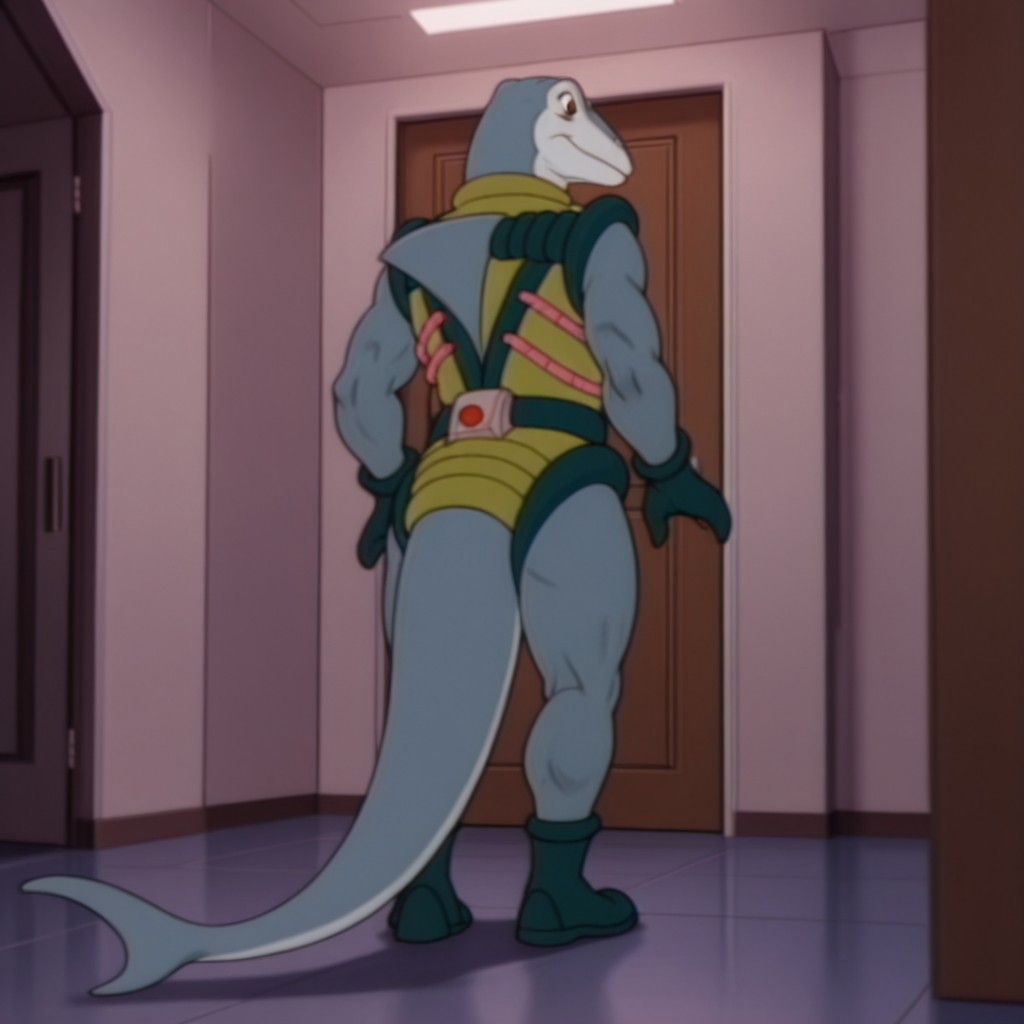 masterpiece, best quality, amazing quality, IchyDsIl, anthro, male, Ichthyosaurus, grey skin, brown eyes, green bodysuit, dark green trim, pink hoses, dark green gloves, dark green boots,  inside, tail, solo, full body, standing, from behind