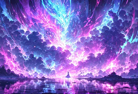serene night, beautiful sky, dancing silhouette, Complex landscape, best quality, pastel colors, light blue tint, aesthetic Ethereal, Effulgent, Idyllic atmosphere, Tranquil, ethereal quality, cinematic volume, Twinkling lighting, glowing aura, global illumination, glowneon, Anisotropic Filtering, Unrivaled Opus, Unconventional, hyper detailed, HDR,