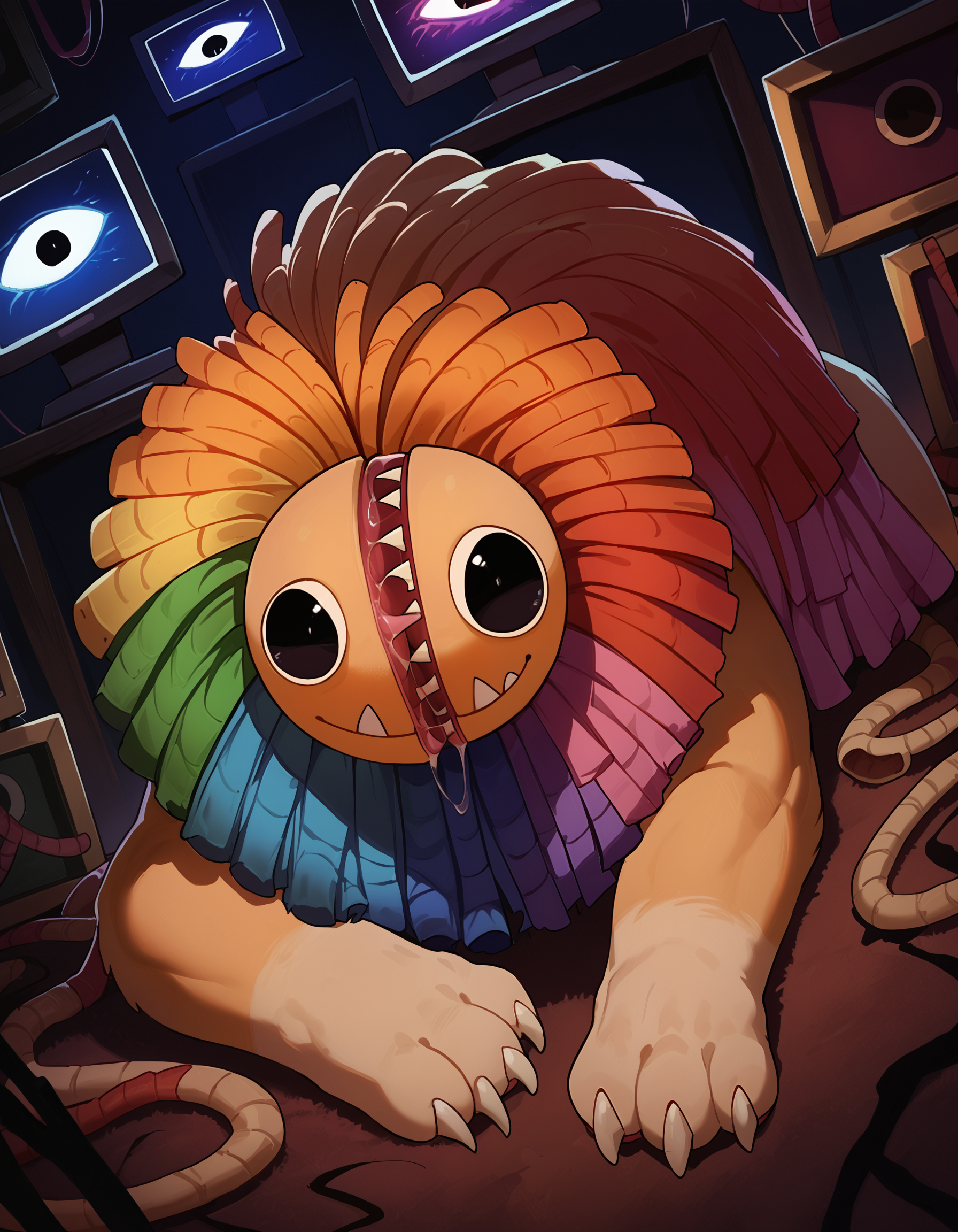 score_9, score_8_up, score_7_up, source_furry, high quality, hires, furry, anthro, adult, <lora:addetailv3_by_n0utis_pony.safetensors:1.0>, dutch angle, feral, huge feral, male, solo, adult, yarnaby, poppy_playtime, no humans, black eyes, fangs, horror (theme), (no ears:1.15), no nose, multiple monitors, saliva, huge mane, open mouth, full body, waving, from behind, looking back, lying,  <lora:Yarnaby_Poppy_Playtime_Pony:1.0>,