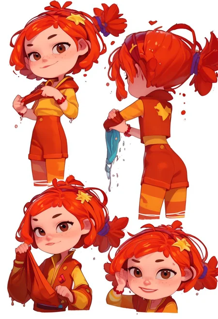 Alyonka,score_9, score_8_up, score_7_up, undressing, ponytail, light freckles, emotionless face, looking at viewer, <lora:Concept Art Twilight Style <lora:Expressive_H-000001:0.8> expressiveh,(colored),child,little girl,((Child's face)),wet,Small waist,from the back,Little chubby girl,Clumsy,fight pose,Big belly