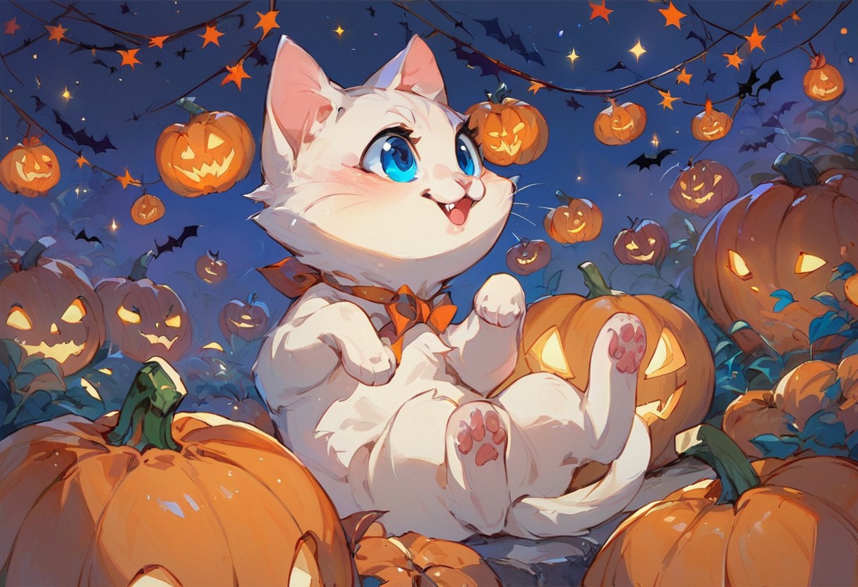 score_9, score_8_up, score_7_up, solo, (White) little cat, (Blue) eyes, small, sitting on hind legs, facing viewer, night, night halloween, pumpkin patch, halloween pumpkins, jack-o'-lanterns, pumpkins, halloween theme,