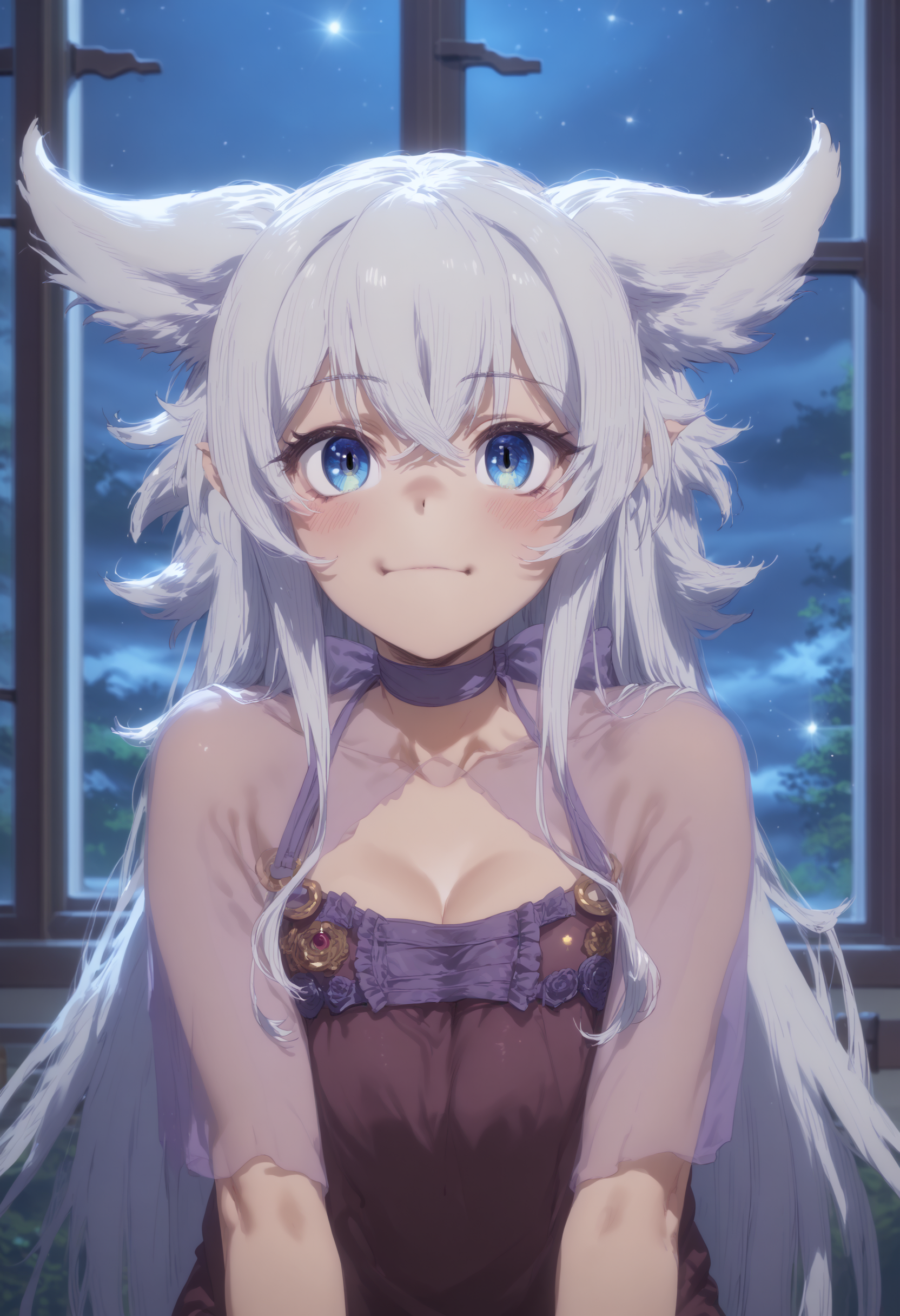 score_9, score_8_up, score_7_up, highres, high res image, masterpiece, 1girl, solo,detailed face, detailed eyes,  bangs, lv2fenrys, <lora:Lv2Fenrys>, white hair, blue eyes, medium breasts, hair betweens eyes, crossed bangs, (nightgown:1.4), indoor, night, puppy eyes,