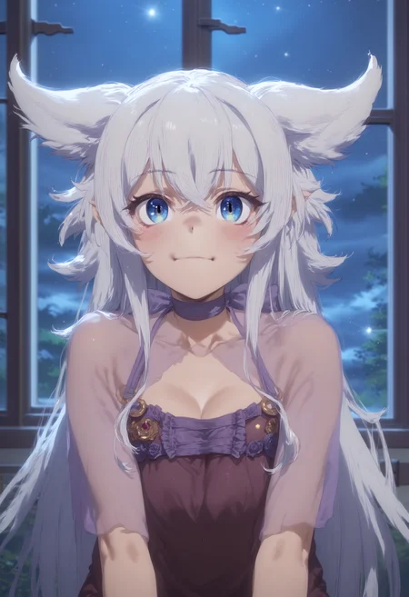 score_9, score_8_up, score_7_up, highres, high res image, masterpiece, 1girl, solo,detailed face, detailed eyes, bangs, lv2fenrys, <lora:Lv2Fenrys>, white hair, blue eyes, medium breasts, hair betweens eyes, crossed bangs, (nightgown:1.4), indoor, night, puppy eyes,