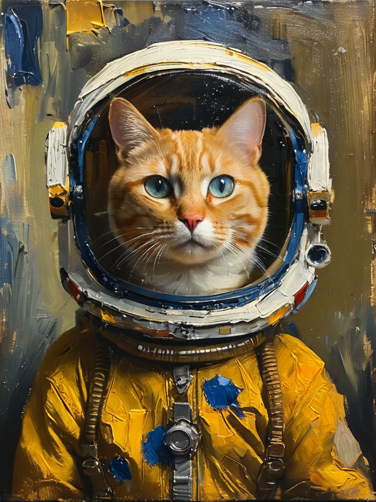 masterpiece,best quality,<lora:tbh122-sdxl:0.9>,portrait of cat astronaut,oil painting,style of Jan Vermeer,
