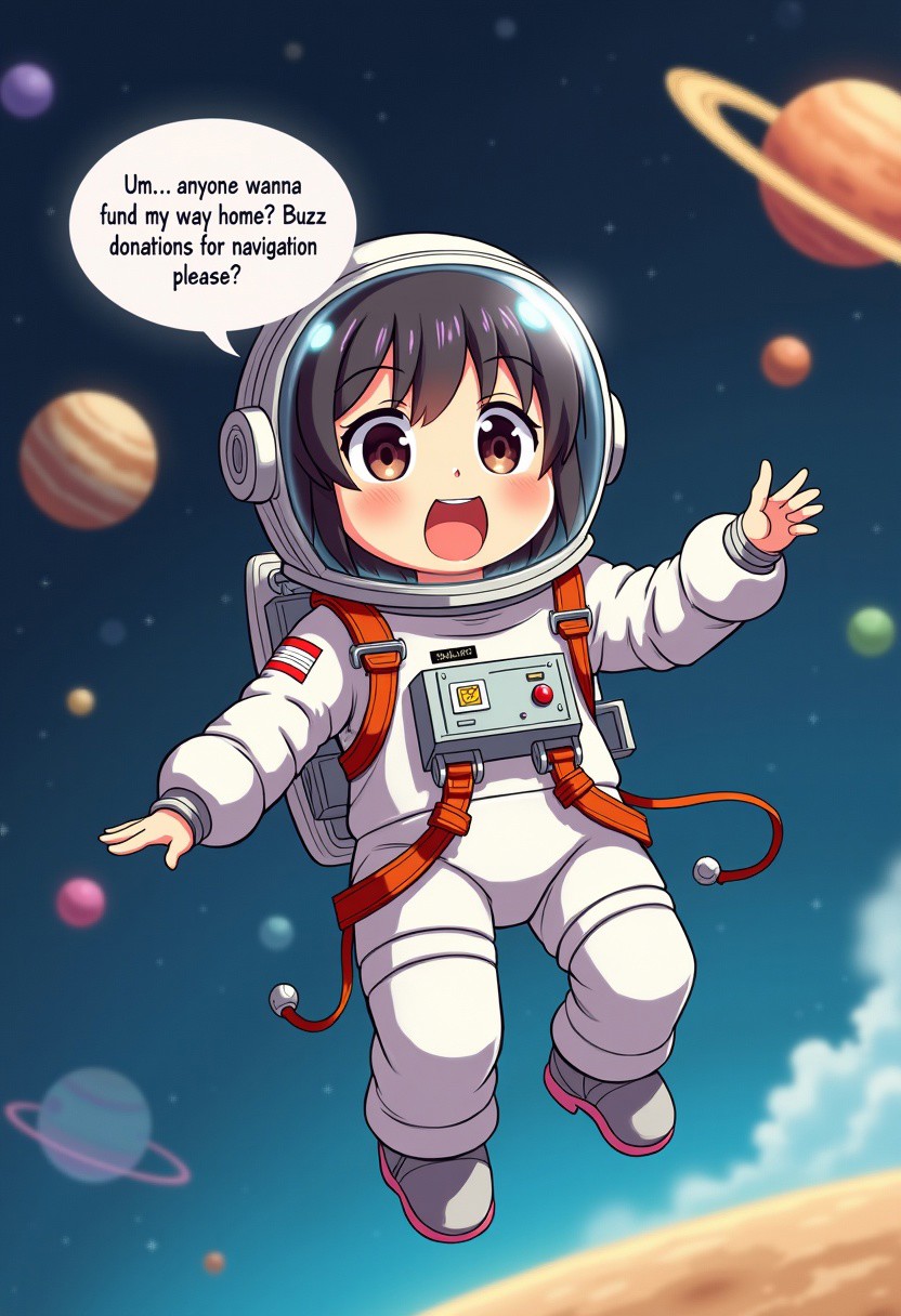 (masterpiece), best quality, expressive eyes, perfect face, cartoon style, anime style, Clueless Space Explorer": An anime girl in a clunky, oversized astronaut suit, floating helplessly in space with planets around her and her map upside down. Put speech bubble text “Um… anyone wanna fund my way home? Buzz donations for navigation, please?”