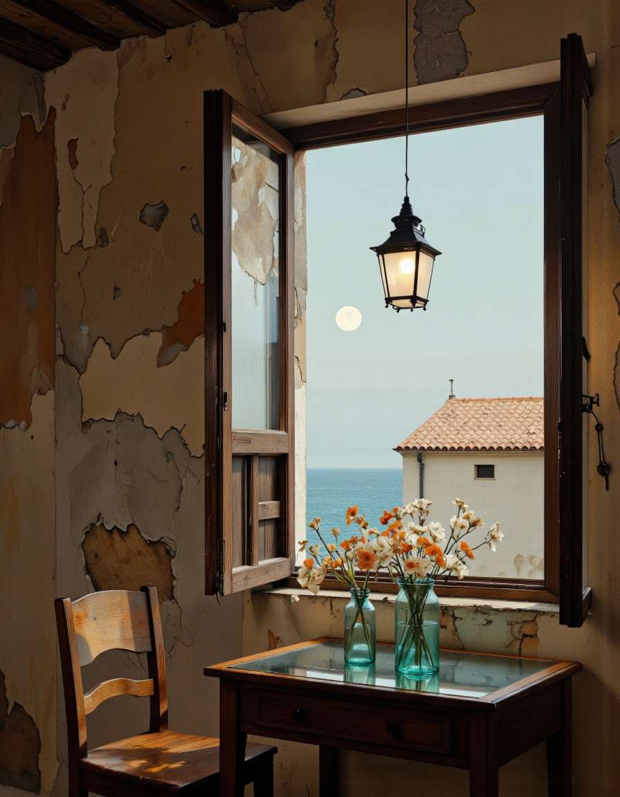 A detailed, realistic digital painting depicting an interior scene with a serene, almost dreamlike quality. The setting is a rustic, possibly Mediterranean-style room with aged, weathered walls painted in muted earthy tones of brown and beige. The room features a simple wooden table with a glass top, positioned near the center. On the table are two clear, turquoise glass vases holding an arrangement of delicate, white flowers with a few orange blossoms interspersed, adding a pop of color. The left side of the image shows a wooden chair with a simple design, positioned next to the table. Above the table, a single, hanging light fixture with a black metal frame and a white, frosted bulb casts a warm, soft glow, illuminating the table and the flowers. The background reveals a large, open window, allowing a view of a tranquil seaside landscape. The window frame is rustic, with wooden slats and a glass pane that reflects the light from the room. Outside, the scene is dominated by a serene, calm ocean, with a full moon casting a soft, silvery glow. In the distance, a small, white building with a terracotta roof is visible, adding a sense of scale and depth to the painting. The overall atmosphere is tranquil
