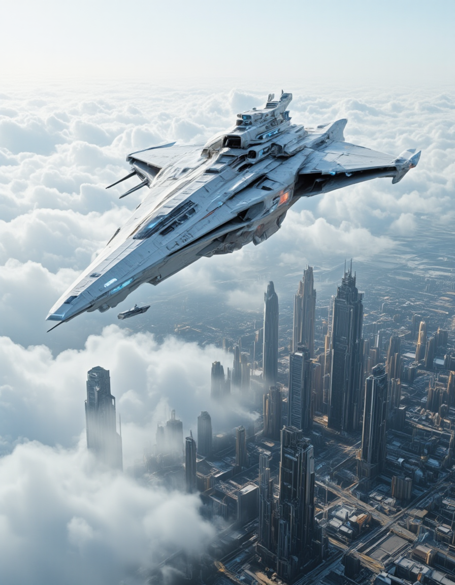 <lora:INWYTK_04flux:1> inwytk04, This photo captures an awe-inspiring moment in a futuristic, sci-fi universe, showcasing a colossal starship gliding just above the clouds of a sprawling high-tech metropolis. The ship is sleek yet massive, with a sharp, angular design that suggests both advanced engineering and formidable power. Its matte-white exterior, detailed with dark mechanical panels and glowing blue elements, stands in bold contrast against the soft whites of the clouds and the structured grays of the city below.
Beneath the starship, a vast urban landscape stretches out, packed with towering skyscrapers that pierce the sky and intricate grids of roads and buildings. The architecture is ultra-modernâalmost alienâyet hints at some human influence with its dense layout and infrastructure. Smaller escort vessels hover nearby, emphasizing the scale of the main cruiser and suggesting either a military operation or a high-security transport mission.
The scene is alive with motion and tension, yet eerily calm, suspended in that quiet stillness before something significant unfolds. Light glints off the shipâs metallic surface, and the soft haze of the upper atmosphere creates a dreamlike filter over the entire composition. This photo perfectly blends science fiction fantasy with grounded urban realism, evoking themes of technological dominance, interstellar presence, and the ever-blurring line between earth and space.