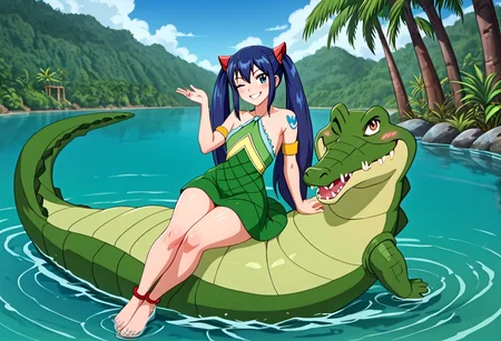 Tick Tock crocodile,fat,giant,male animal, crocodile open large mouth ,green skin, blue eyes, Tick Tock the crocodile is giant and very huge size,teeth,look viewer,Tick Tock the crocodile swimming in the water,belly exposed
,full body,lying on your back in the water,looking at viewer.
high quality, best quality, ultra-detailed, very aesthetic, illustration, perfect composition, intricate details, absurdres, high res image, masterpiece, vibrant colors, beautiful face, detailed face, 1girl, perfect eyes, detailed eyes), female, wendy marvell, long hair, hair ornament, twintails, brown eyes, blue hair,dark skin, thighs, perfect body, narrow-waisted, wide hips, (Wendy_Marvell, bare shoulders, tattoo, armlet, dress, green dress), (blushing, small smile), parted lips,(smile), smug, one eye closed, head on hand,sitting, full body, barefoot, anklet, Wendy is her little size,Wendy is her sitting in the crocodile belly
Palm_trees,jungle, tropical,river,tropical_island,Disney.