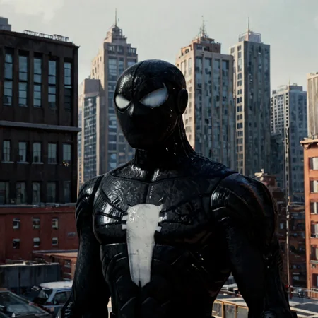 black suit, simple suit, symbiote suit, black mask, white eyes, white patches on hands, black webs, skinny, outside, in city, on rooftop, upper body, boy, solo, score_9, score_8_up, score_7_up, high-res image, masterpiece, best quality,