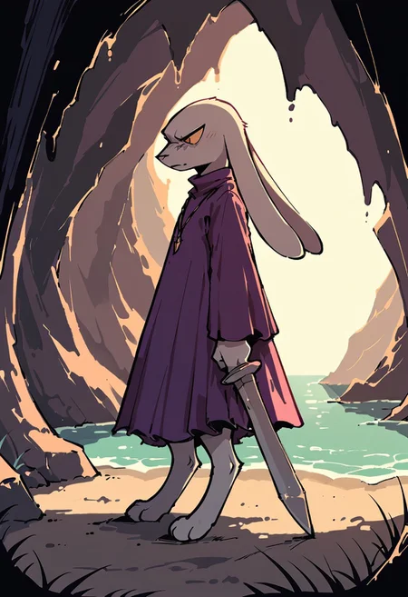 score_9,score_8_up,score_7_up, cave, shadow, lighting, king, purple dress, long ears, side view, ocean, looking down at the water, sword on the ground