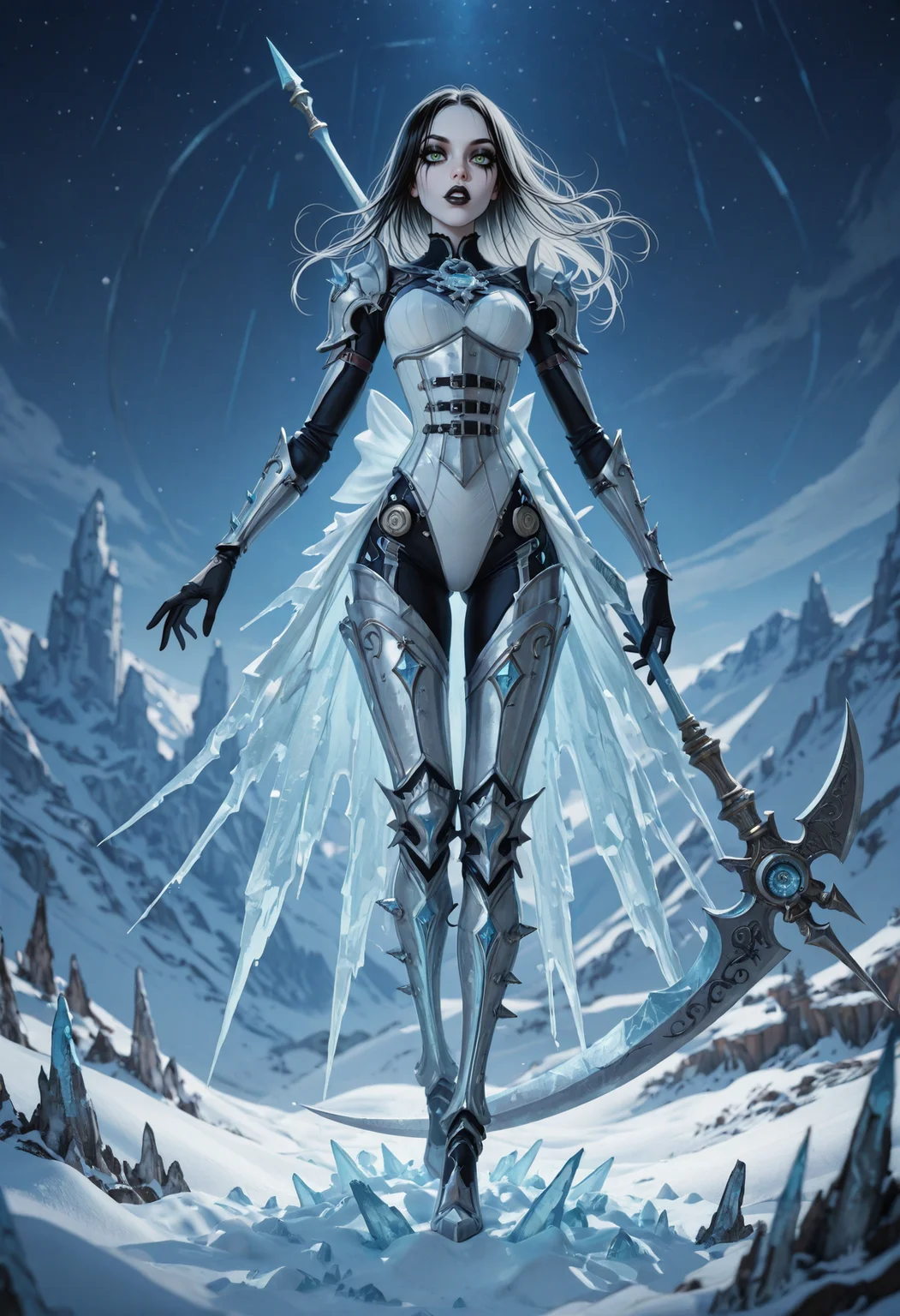 An epic fantasy concept design showcasing an ice spellblade evoking a scene of chilling allure. She is lunging forward with a frost-core-made energy-scythe. The advanced scythe's crescent blade has a jagged edge like a saw. Her slim frame is dressed in a circuitry cyber-dress with an ice-made design, featuring layers of interlocking geometric materials forming an unconventional silhouette, as well as shards of icicles. Large icicles dangle from chains attached to a corset-like frostbitten belt around her tiny waist, protecting her legs like layered armor plating. A deconstructed design with open seams and detached parts underlines the outfit's unconventional style. An ice-carved aureole adorns her head, messy fluorescent silver hair visible beneath. Set on a snow-covered skybridge built in an aerial design, featuring suspended hydroponic gardens with neon azure flora adorning the edges, adding a contrasting touch of nature to the technological environment. Overlooking a skyscape illuminated by the glow of distant structures, creating a surreal atmosphere. The concept design's style is playful, whimsical as well as epic. The color palette is characterized by dreamy hues. <lora:il_AMR_Alice>