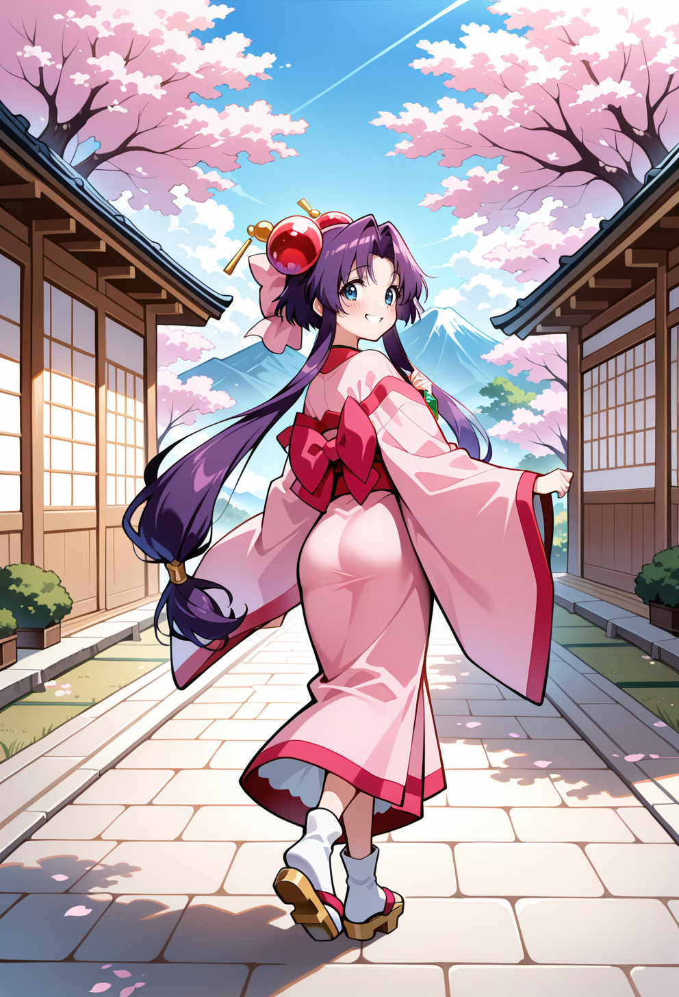 masterpiece, best quality, high quality, anime, amazing quality, very aesthetic, absurdres, highres, newest, HDR, 8K, high detail RAW color art, intricate details, detailed background,
<lora:AECherryIlx:1>
AECherry, blue eyes, purple hair, long hair, low-tied long hair, hair bow, hair ornament, huge bow, pink bow, pink kimono, long sleeves, gem,
smile, full body, looking back, twisted torso, cherry blossoms,