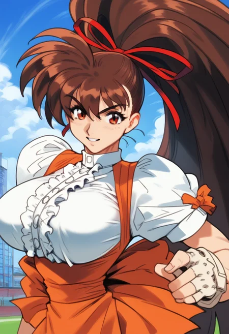 score_9, score_8_up, score_7_up, score_6_up, score_5_up, score_4_up, masterpiece, best quality, BREAK, 
1girl, indoor, solo, day,  <lora:Takeuchi_Yuka_Variable_Geo_Pony:1> t yuka, brown hair, long hair, high ponytail, big breasts, fingerless gloves, waitress, orange skirt, hair ribbon <lora:Teardrop_Style:1>, dynamic pose