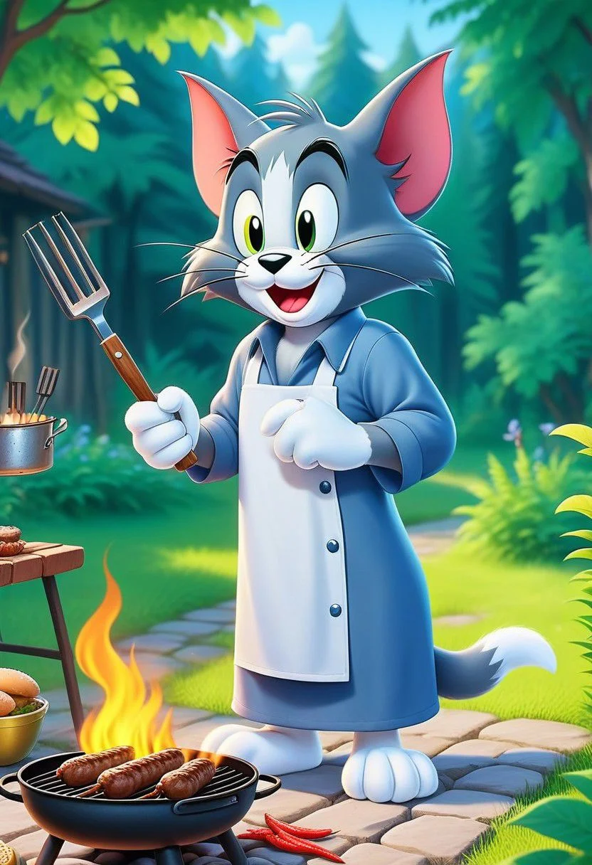 (Tom & jerry),Cartoon (Tom:1.35) cat casual dresses, grilling kebab, dirty shirt, thick red fur, nature