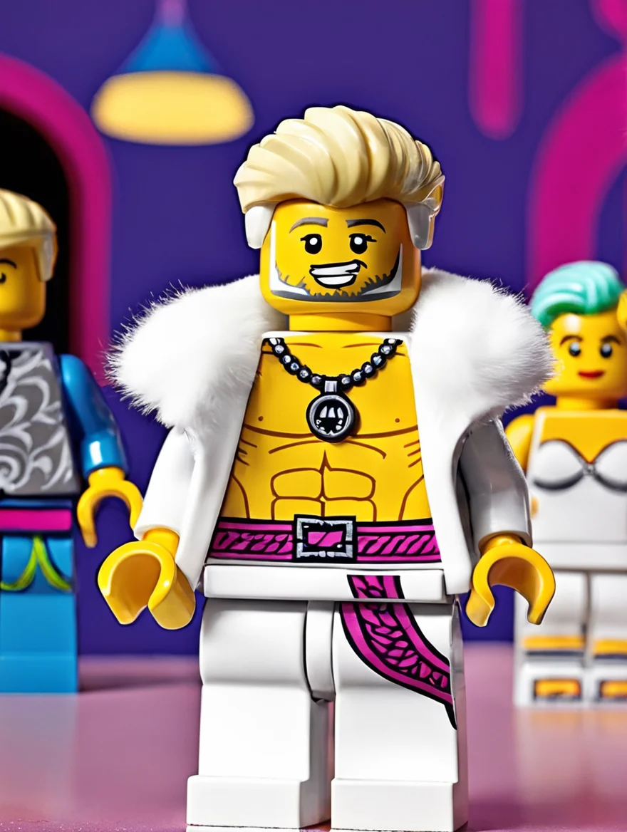<lora:Lego_XL_v2.1:0.8>
LEGO MiniFig.
A man with platinum blonde hair and an athletic build wears a luxurious white fur coat over bare chest, accessorized with a headband and necklace, in a vibrant, stylized setting.