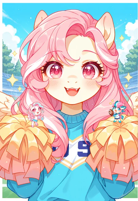 (incredibly_absurdres, amazing_background, best quality, pastel_colors, bright_colors, colorful, soft_colors, sparkle, shiny, glowing, fantasy, star_(symbol), detailed_background, detailed_eyes, stylized, watercolor_(medium))
(SNRA-Illu, crowd, american_football, football_field, white_border, chibi, no_humans, 1girl, wings, pink hair, solo, pony, pom_pom_\(cheerleading\), open mouth, tree, cheerleader, outdoors, day, multicolored hair, long hair, sweater, smile, white background, simple background, long sleeves, pink eyes, blush, furry, fangs, furry female, streaked hair, upper body, looking at viewer)
