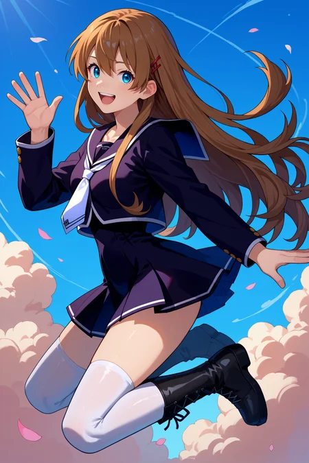 score_9, score_8_up, score_7_up, score_6_up, source_anime, 1girl, solo, <lora:hiiragiasuka-pdxl-nvwls-v1-000005:1> txasuka, long hair, brown hair, blue eyes, hairpin, black serafuku, white necktie, school uniform, black skirt, white thighhighs, black boots, jumping, from side, midair, blue sky, clouds, happy, waving, looking at you, full body