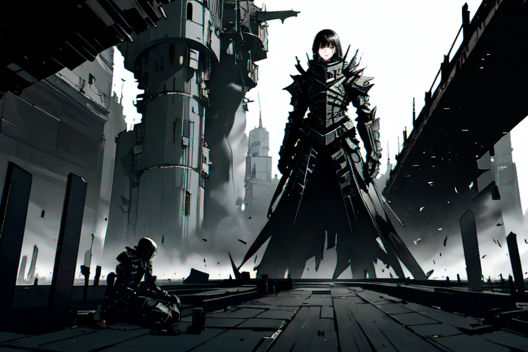 highly insanely detailed, masterpiece, top quality, best quality, highres, 4k, 8k, RAW photo, (very aesthetic, beautiful and aesthetic),  
tsutomu nihei,nihei_tsutomu,blame!,blame gakuen!,abara,TNstyle,sidonia_no_kishi,(sidonia \(ship\),stairs,megastructure in background,giant room,tower,mausoleum,city ruins,space,spacecraft,hangar,deep horizon),futuristic,flock,blm,cyberpunk,science fiction,dystopia,destroyed,vast scenery,perspective,empty,decrepit,dark background, 
<lora:ABARA:0.6>, 
(1girl:1.3), 
solo focus, 
olive green background,âââ