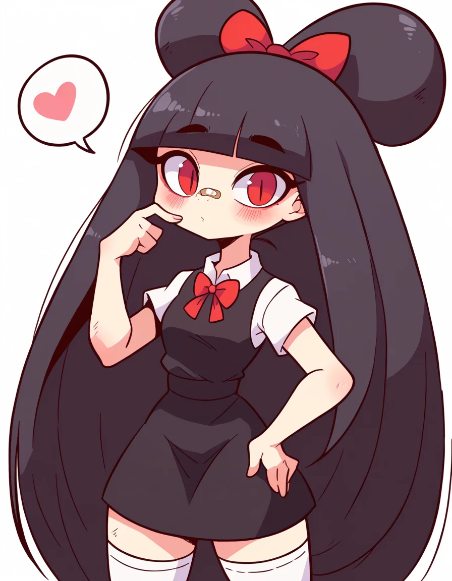 zPDXL, score_9, score_8_up, score_7_up, source_anime, 1girl, solo,
<lora:diives_v2-20:1> diives, (portrait), long hair, looking at viewer, blush, simple background, shirt, black hair, white background, red eyes, dress, thighhighs, bow, ribbon, closed mouth, very long hair, twintails, standing, white shirt, short sleeves, heart, hair bow, sleeveless, collared shirt, puffy sleeves, hand up, blunt bangs, black dress, white thighhighs, red bow, red ribbon, puffy short sleeves, hand on own hip, sleeveless dress, bandaid, spoken heart, bandaid on face, snake, pinafore dress, bandaid on nose, prehensile hair, white snake, snake hair