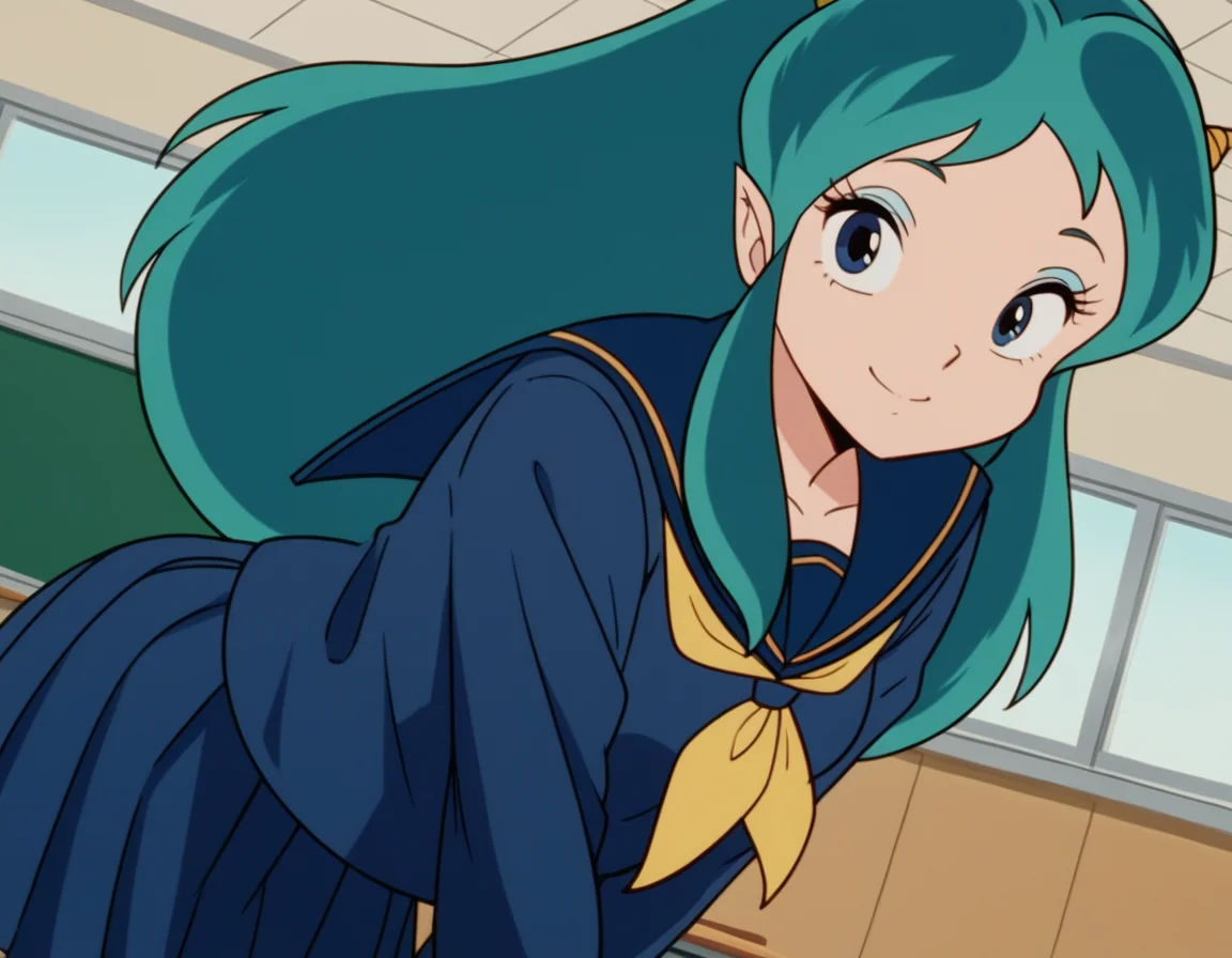 score_9, score_8_up, score_7_up, source_anime,
uruseilum, <lora:lum-class-studio-pierrot-ponyxl-lora-nochekaiser:1>
lum, long hair, bangs, blue hair, blue eyes, horns, pointy ears, aqua hair, oni horns, eyeshadow,
shirt, long sleeves, school uniform, serafuku, sailor collar, neckerchief, yellow neckerchief, shirt, blue shirt, blue sailor collar, blue skirt,
indoors, classroom, bent over, smile,
looking at viewer, dutch angle, cowboy shot, solo,