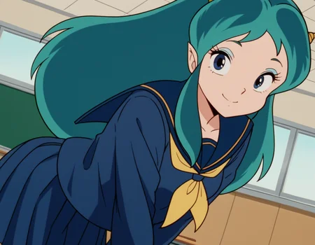 score_9, score_8_up, score_7_up, source_anime,
uruseilum, <lora:lum-class-studio-pierrot-ponyxl-lora-nochekaiser:1>
lum, long hair, bangs, blue hair, blue eyes, horns, pointy ears, aqua hair, oni horns, eyeshadow,
shirt, long sleeves, school uniform, serafuku, sailor collar, neckerchief, yellow neckerchief, shirt, blue shirt, blue sailor collar, blue skirt,
indoors, classroom, bent over, smile,
looking at viewer, dutch angle, cowboy shot, solo,