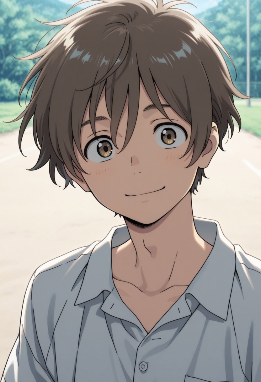 masterpiece,best quality,amazing quality, source_anime, 
shunhashimoto, 1boy, male focus, solo, brown eyes, brown hair, shirt, white shirt, collared shirt, short sleeves, outdoor, smile, looking at viewer, portrait,