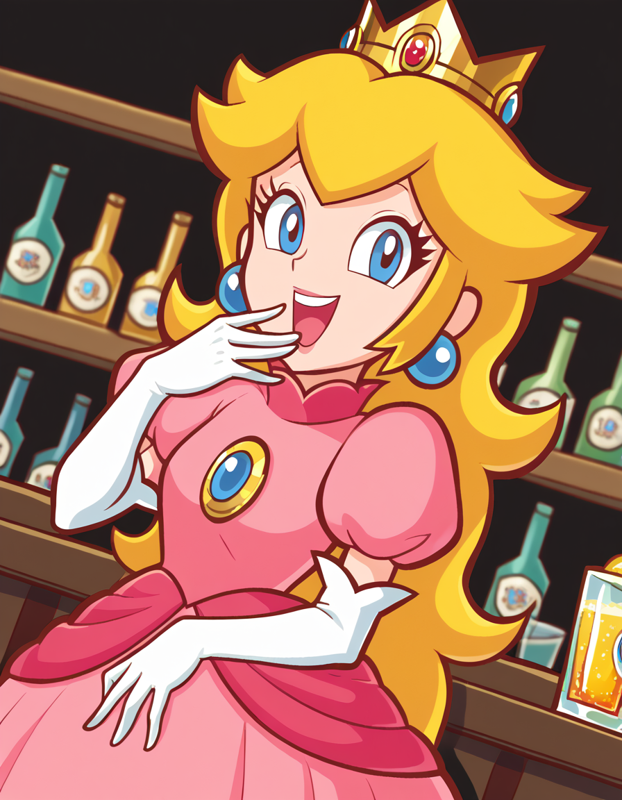 score_9, score_8_up, score_7_up, source_anime, <lora:super-princess-peach-ingame-ponyxl-lora-nochekaiser:1>, princess peach, blonde hair, blue eyes, long hair,, crown, dress, gem, gloves, pink dress, puffy short sleeves, puffy sleeves, short sleeves, white gloves,, bar, drinks, stools, counter, nightlife, , <lora:ojou-sama-pose-ponyxl-lora-nochekaiser:1>, ojou-sama pose, laughing, smug, hand to own mouth, open mouth,, looking at viewer, solo,, dutch angle, cowboy shot