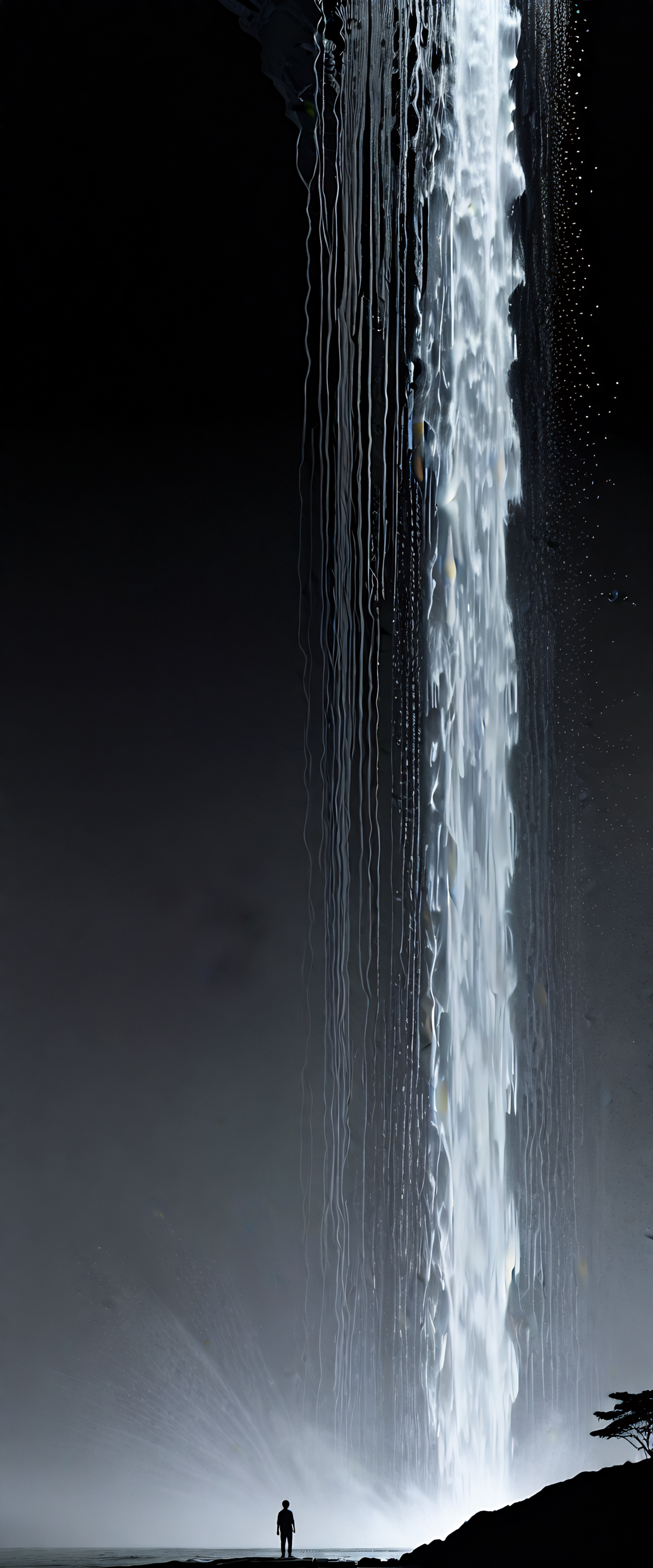 immaculately designed, interspecies interaction, impeccable craftsmanship, angles, grace and strength, ryoji ikeda style, rooted in mutual understanding, distinctive color palette, geometric patterns subtly used, stippling hatching techniques, humanoid features, elegant pose, the presence of a breathtaking waterfall, casting enchanting shadows behind the characters, evident in every nuanced line and curve, ryoji ikedas influence manifests in the sharpness of lines, subtle references to genderswapped versions, an anthropomorphic bluetongued skink character posing elegantly