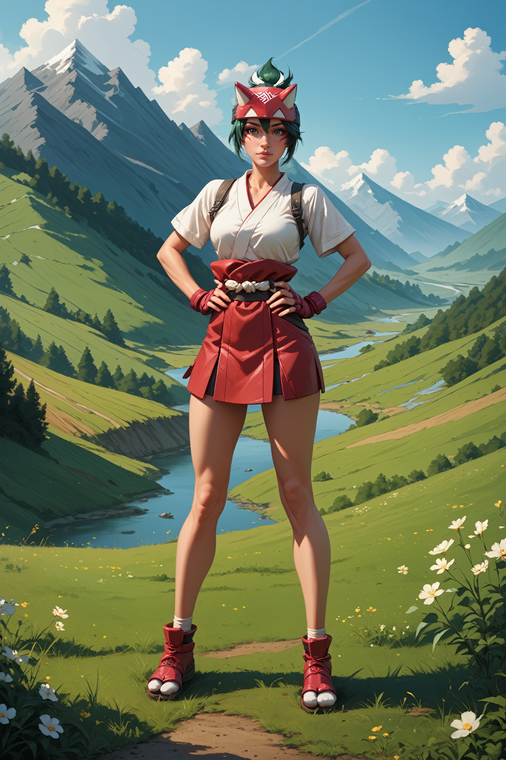 score_9, score_8_up, score_7_up, score_6_up
<lora:OKiriko:0.8>
OKiriko, 1girl, green hair, brown eyes, fox mask, facial marks, hands on hips, mountains, field, full body