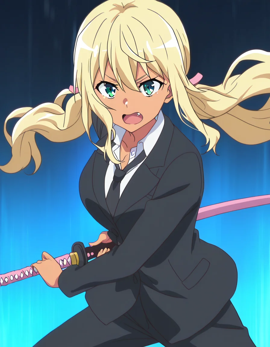 masterpiece, best quality, newest, absurdres, highres, safe,, <lora:hibiki-sakura-s1-ponyxl-lora-nochekaiser:1> hibiki sakura, long hair, blonde hair, hair between eyes, twintails, green eyes, fang, dark skin, dark-skinned female, gyaru, mature female, large breasts, anime screencap, <lora:battoujutsu-stance-illustriousxl-lora-nochekaiser:1>, battoujutsu stance, looking at viewer, holding, weapon, sword, holding weapon, holding sword, standing, katana, sheath, sheathed, fighting stance, ready to draw, shirt, long sleeves, jacket, white shirt, necktie, collared shirt, pants, black jacket, floating hair, black pants, formal, suit, black necktie, black suit, pant suit,, ,