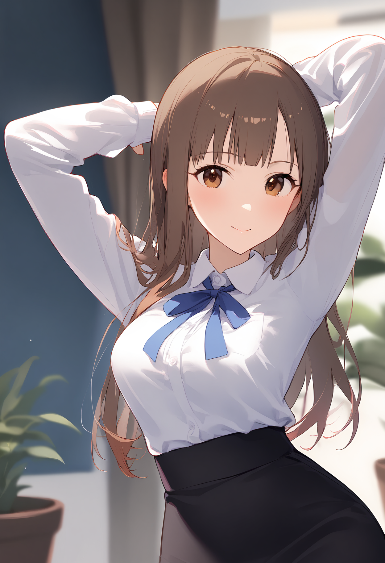 1girl,
mizumoto yukari,


high-waist skirt, solo, closed mouth, blue ribbon, arms up, blurry foreground, dress shirt, shirt tucked in, pencil skirt, lens flare, alternate costume, potted plant, office lady, smile, blush, shirt, plant, brown hair, long hair, indoors, neck ribbon, pantyhose, blurry background, stretching, brown eyes, blurry, breasts, black skirt, skirt, black pantyhose, collared shirt, medium breasts, long sleeves, ribbon,

sfw
<lora:a31_char_new_mizumoto_yukari-000022:1> <lora:a31_style_koni-000010:0.8>